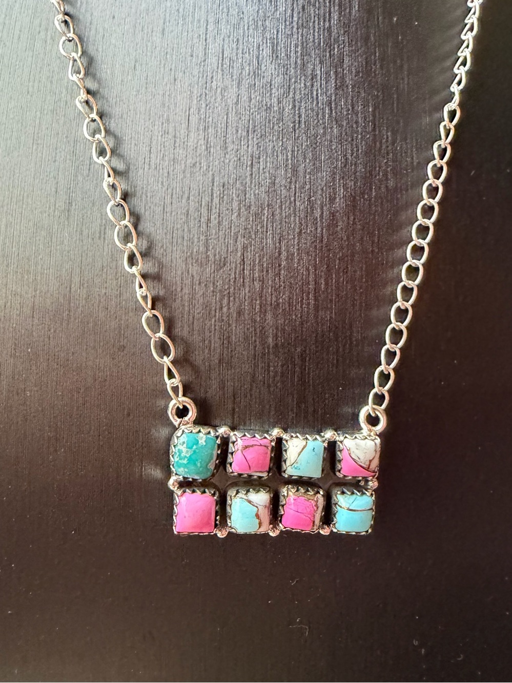 Cotton Candy Dahlia and White Water Turquoise Sterling Silver Necklace